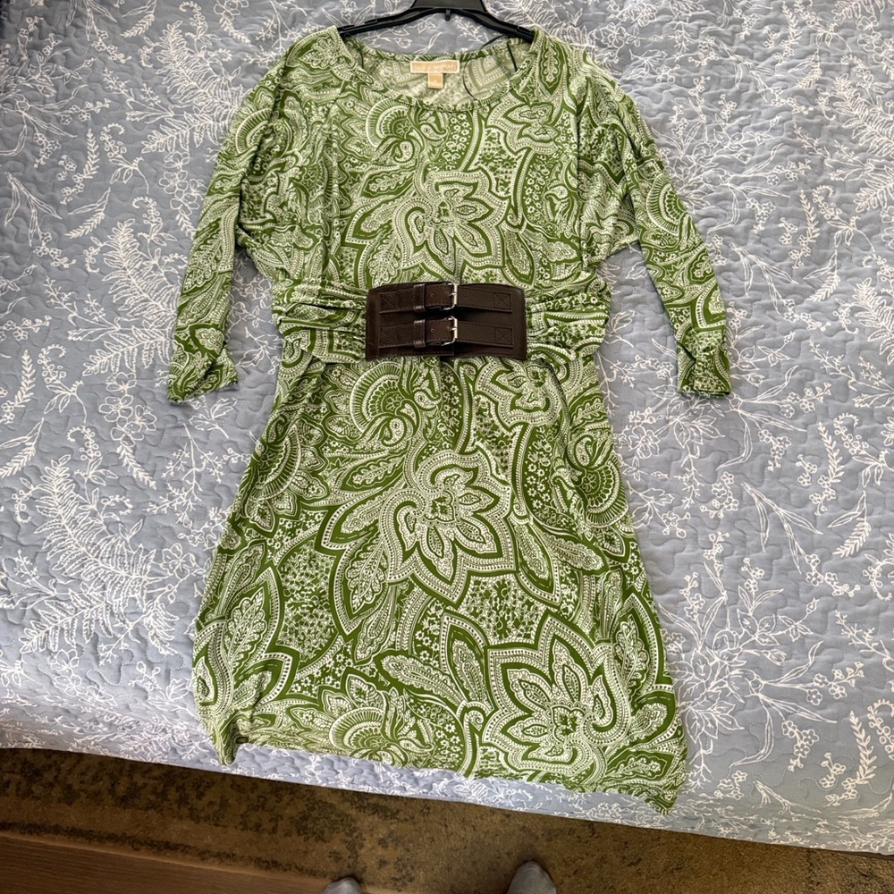 MICHAEL Michael Kors Green Paisley Midi Dress with Brown Belt